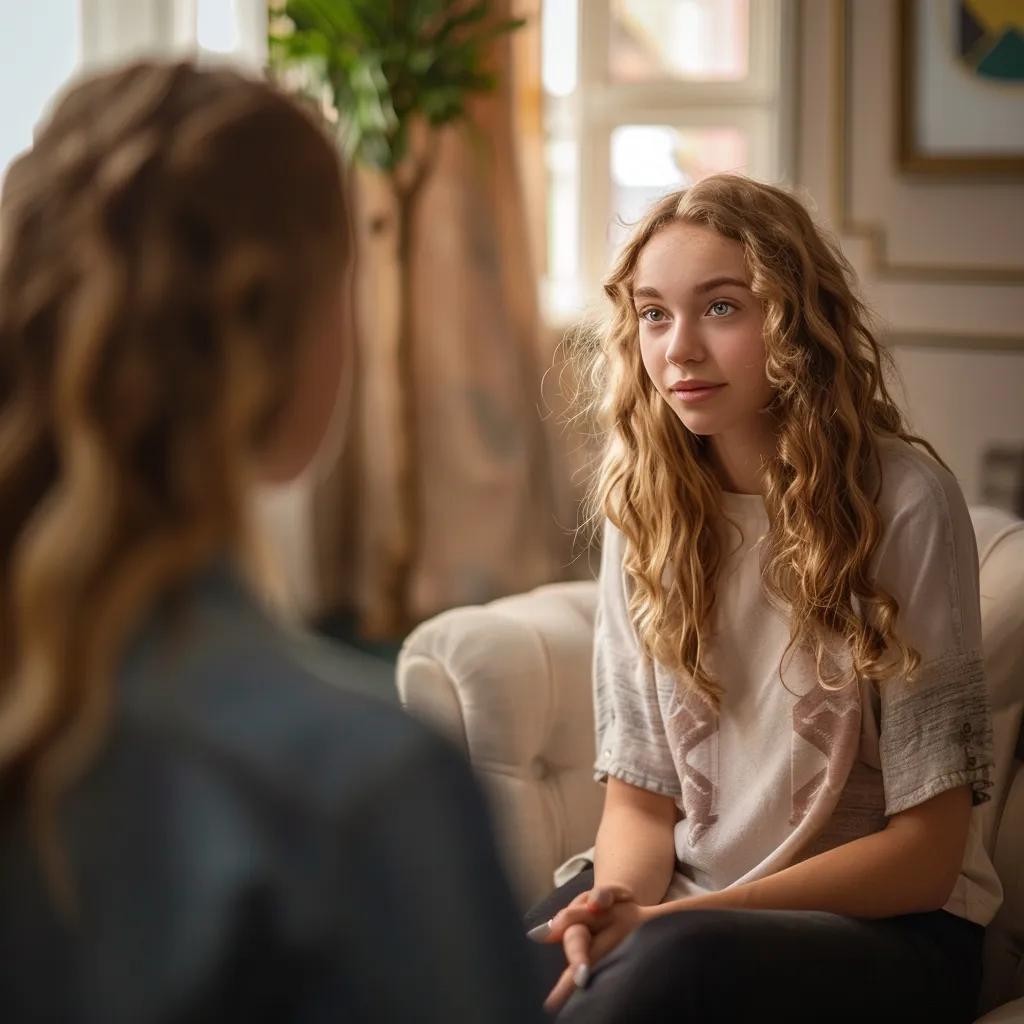 Teenage girl in therapy discussing the psychological effects of bullying