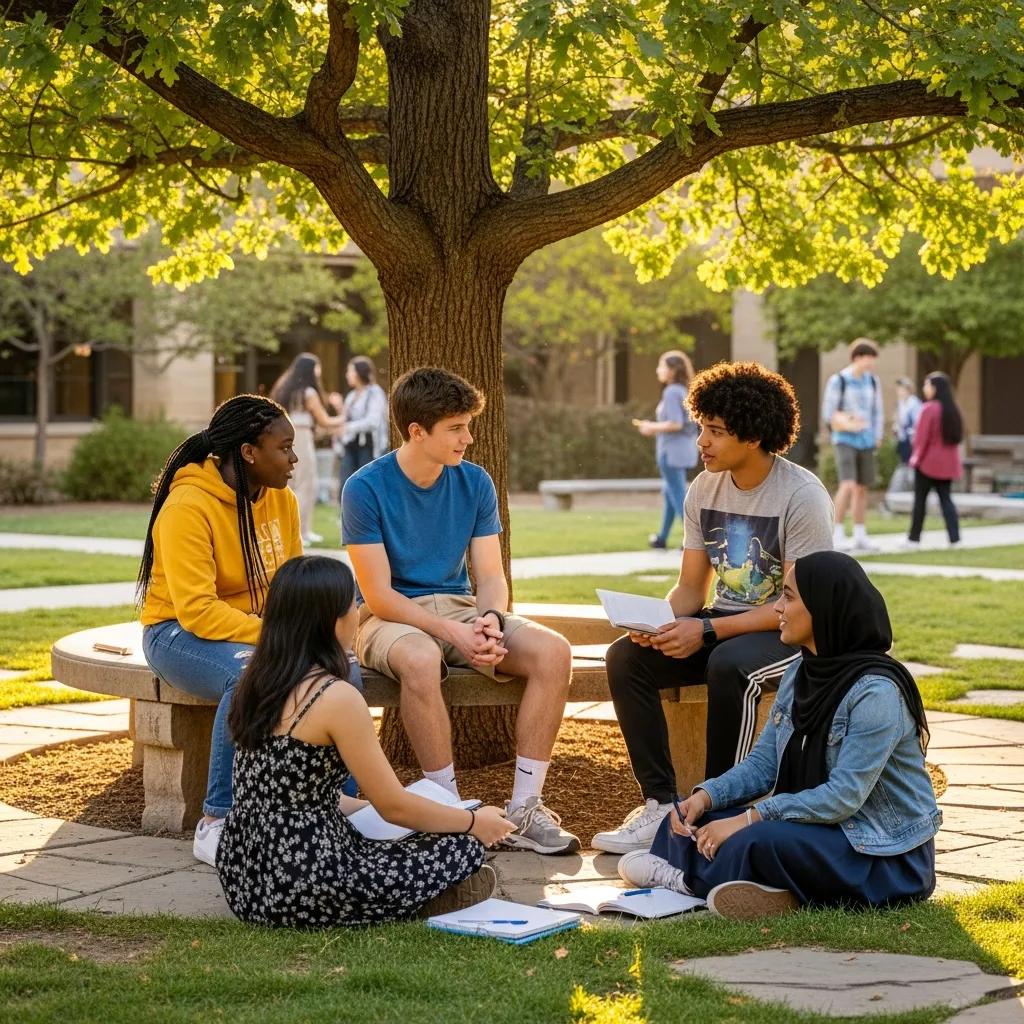 Diverse high school students discussing bullying support in a school courtyard