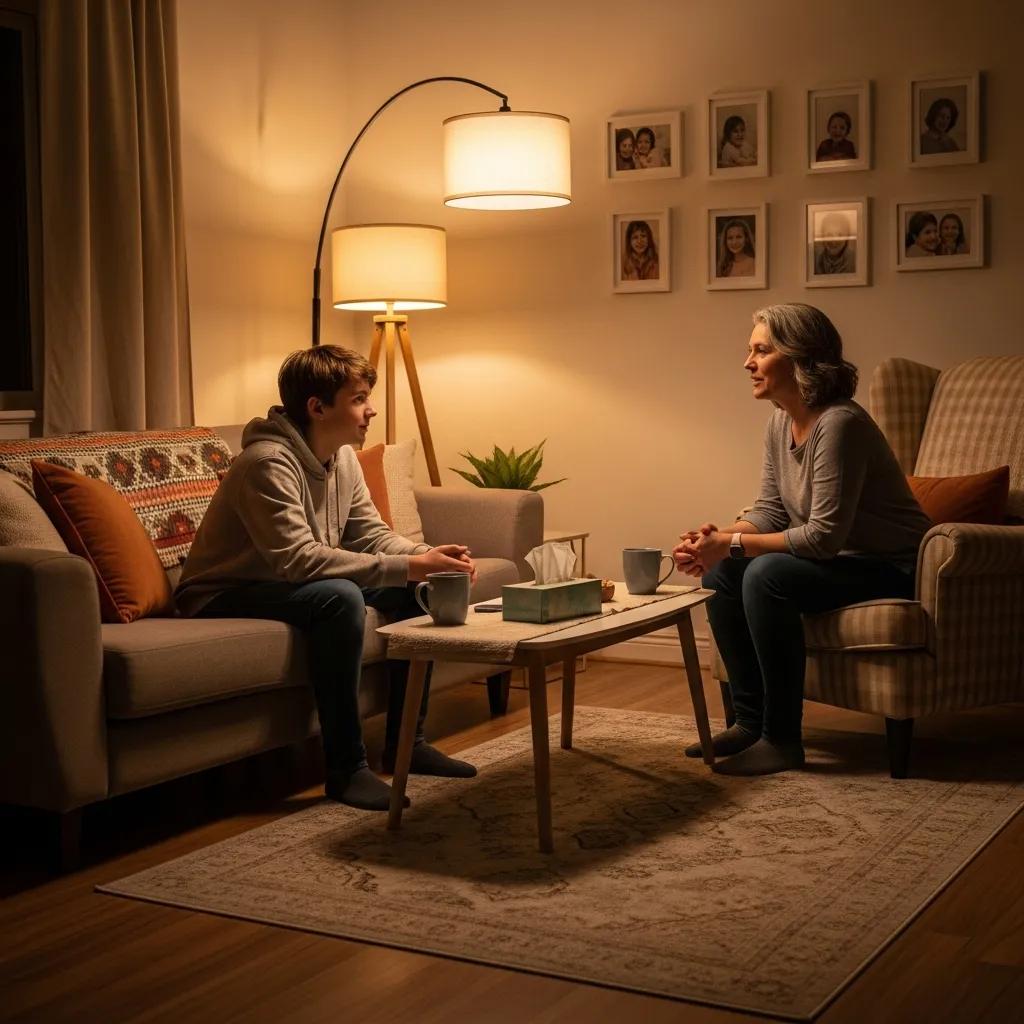Family discussing teen anxiety treatment in a cozy living room