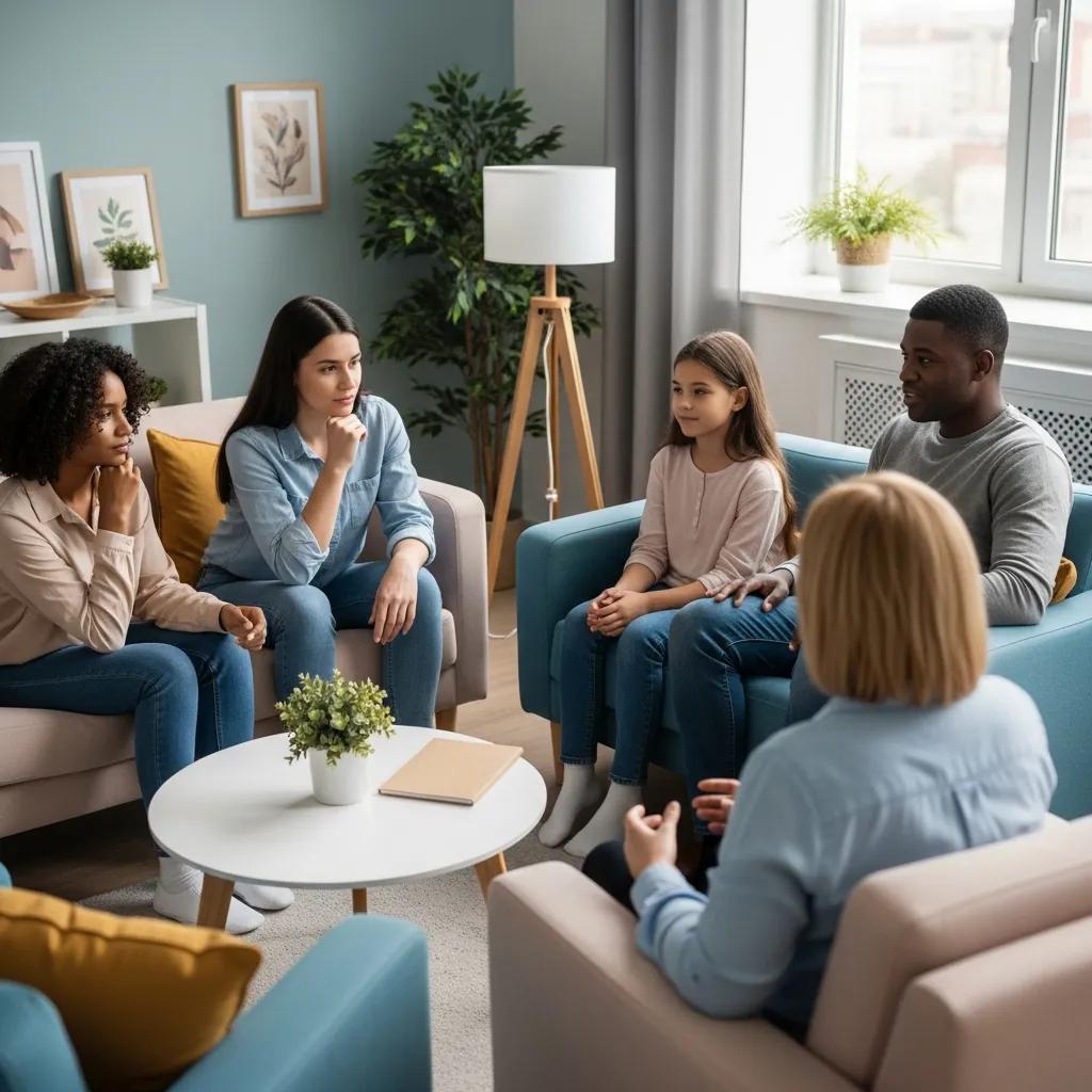 Family engaged in a therapy session, highlighting the importance of family involvement in adolescent mental health recovery