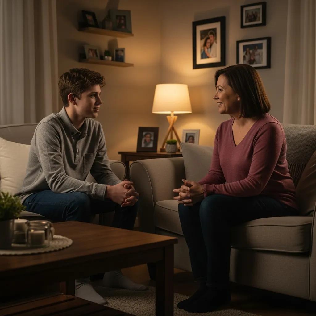 Family support in a cozy living room, emphasizing emotional connection and understanding for teen depression