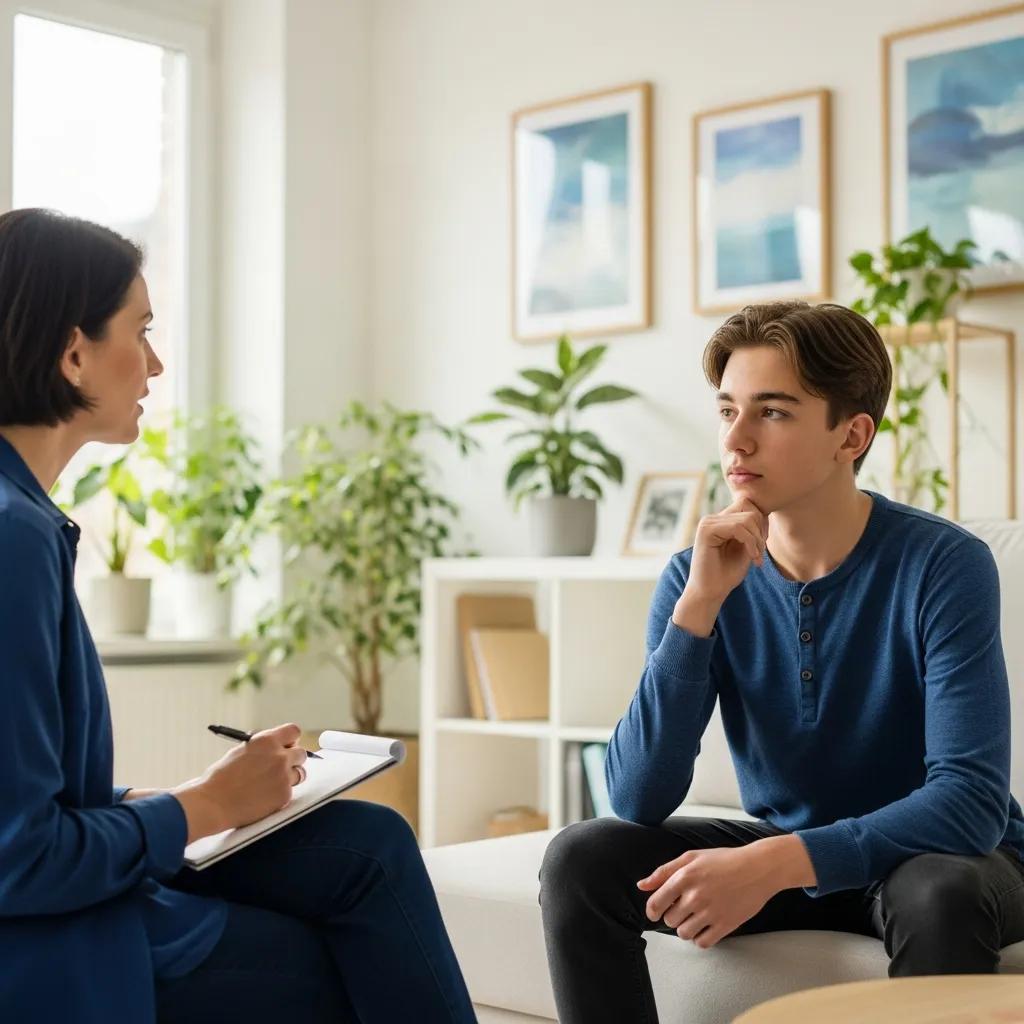 Teen and therapist in a calming therapy session, illustrating the supportive environment of cognitive behavioral therapy