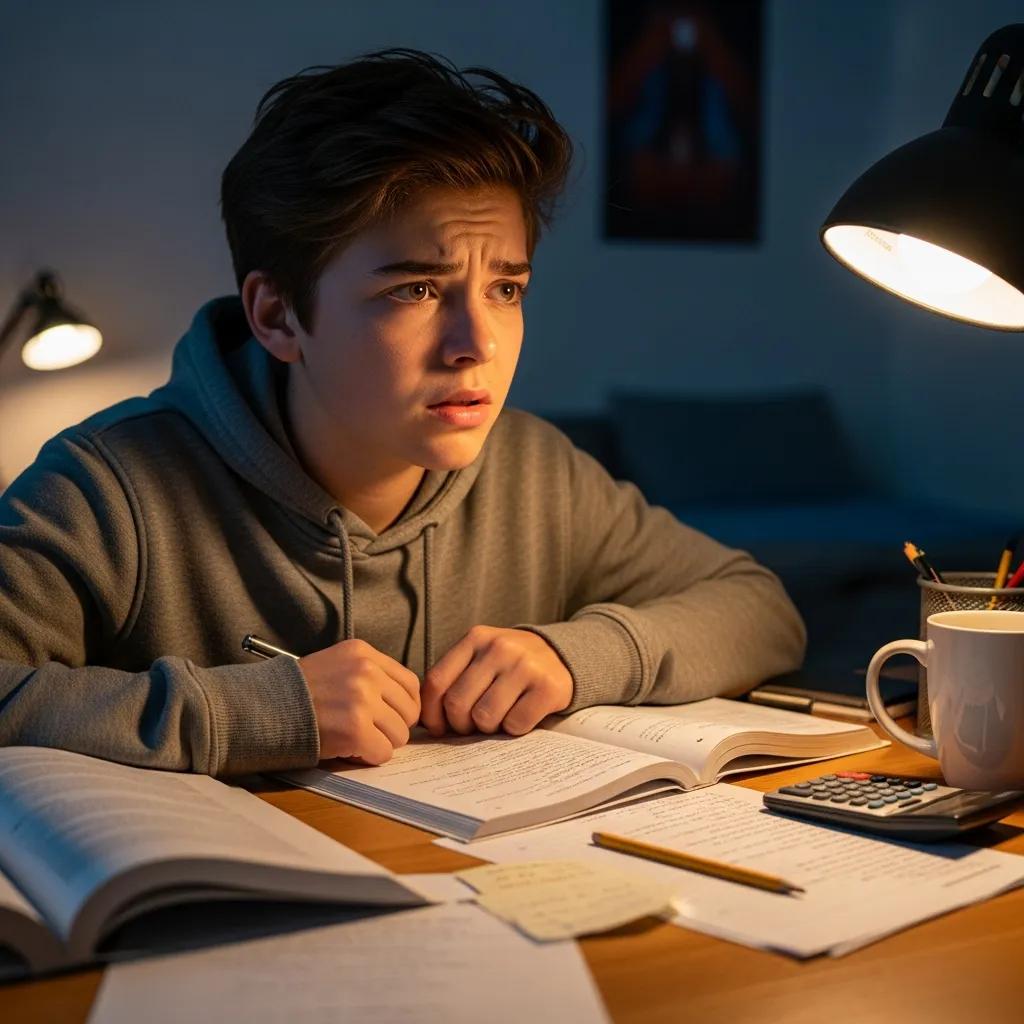 A teen showing signs of anxiety while studying at a desk