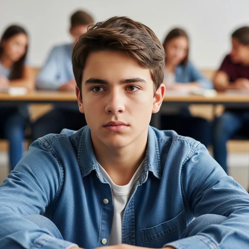 A teen at school appearing withdrawn and anxious, suggesting possible PTSD symptoms