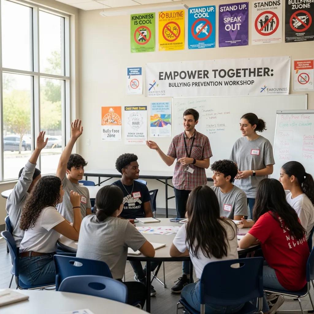 Teens participating in a community workshop on bullying intervention programs