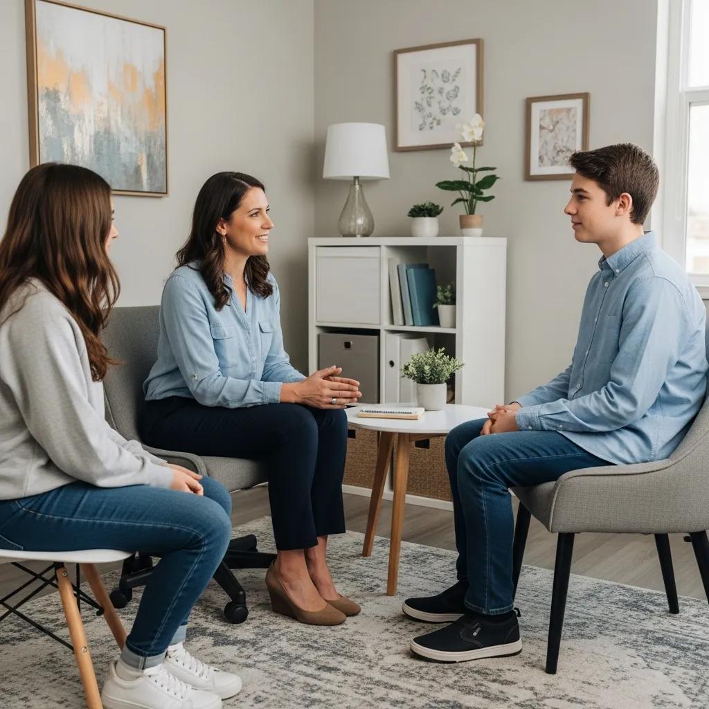 A therapist listening and supporting a teen in a calm, trauma-informed session